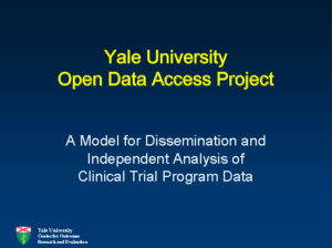Slide presentation title page for a model for dissemination and independent analysis of clinical trial program data