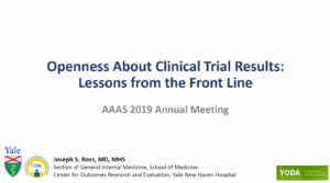 Slide presentation title page for openness about clinical trial results lessons from the front line