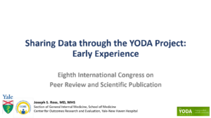 Slide presentation title page for sharing data through the YODA project early experience