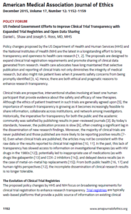 Journal article title page for US federal government efforts to improve clinical trial transparency with expanded trial registries and open data sharing