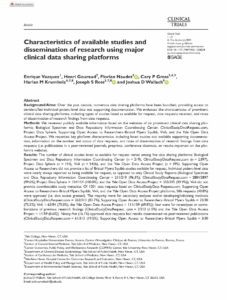 Journal article title page for characteristics of available studies and dissemination of research using major clinical data sharing platforms