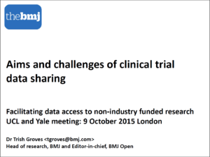 Slide presentation title page for aims and challenges of clinical trial data sharing