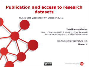Slide presentation title page for Publication and access to research datasets